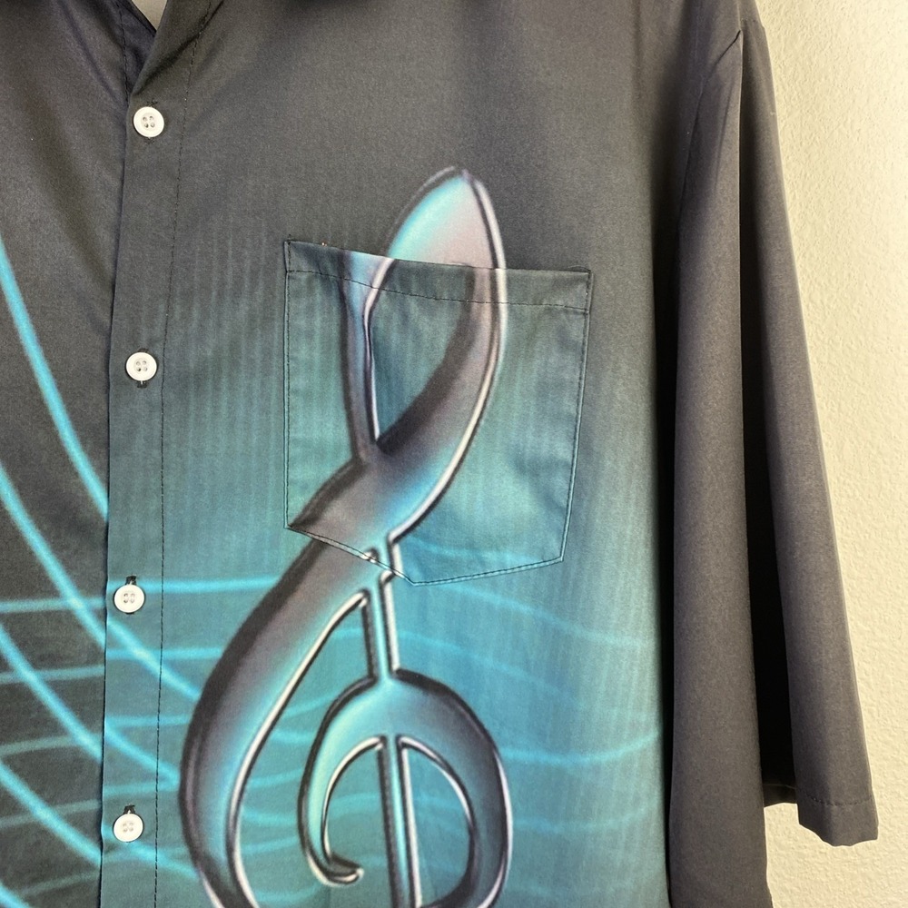 Hawaiian Shirts Men 2XL Black Teal SS Button Up Music Note Graphic Camp Beach - Picture 6 of 10